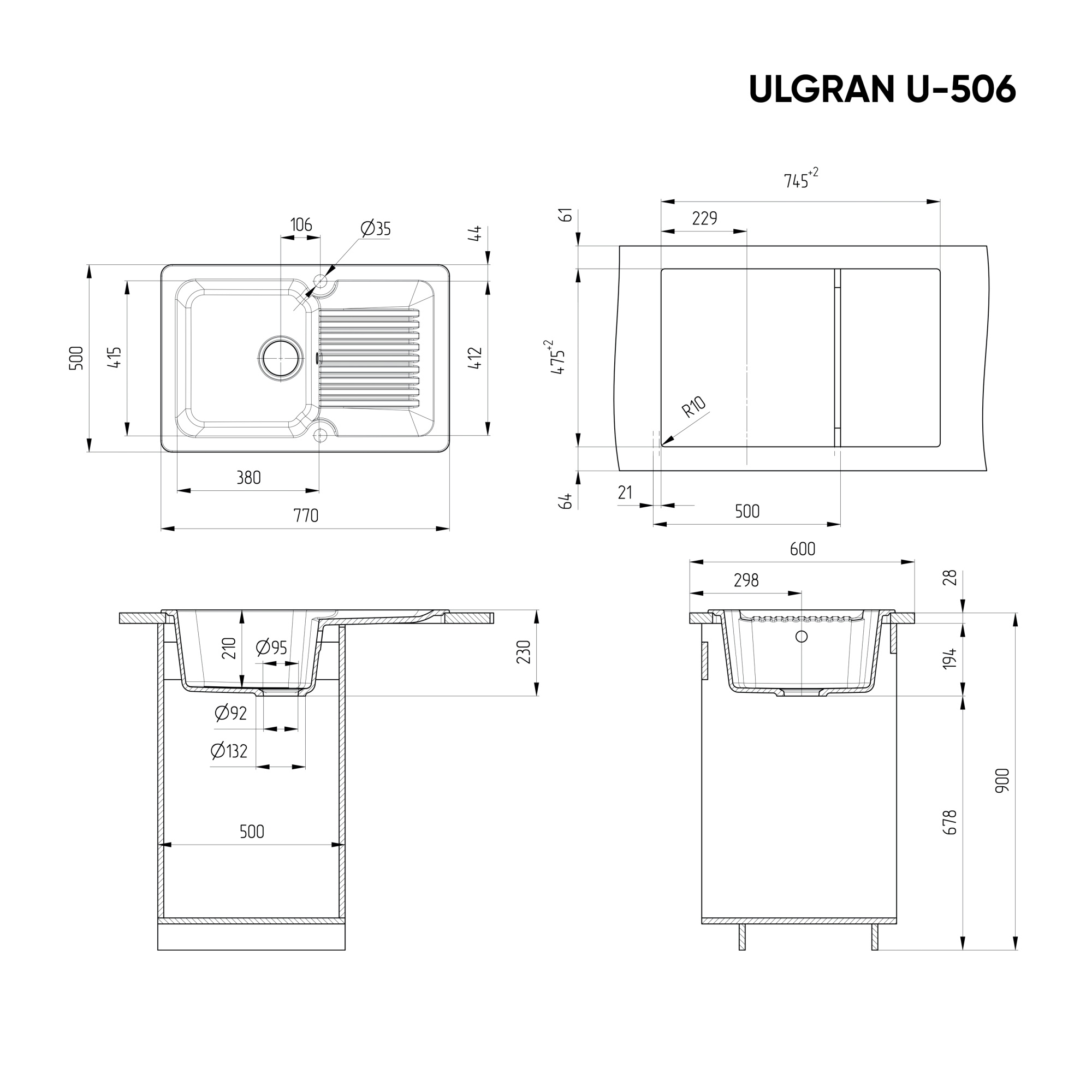 Кухонная мойка ULGRAN U-506 односекционная реверсивная