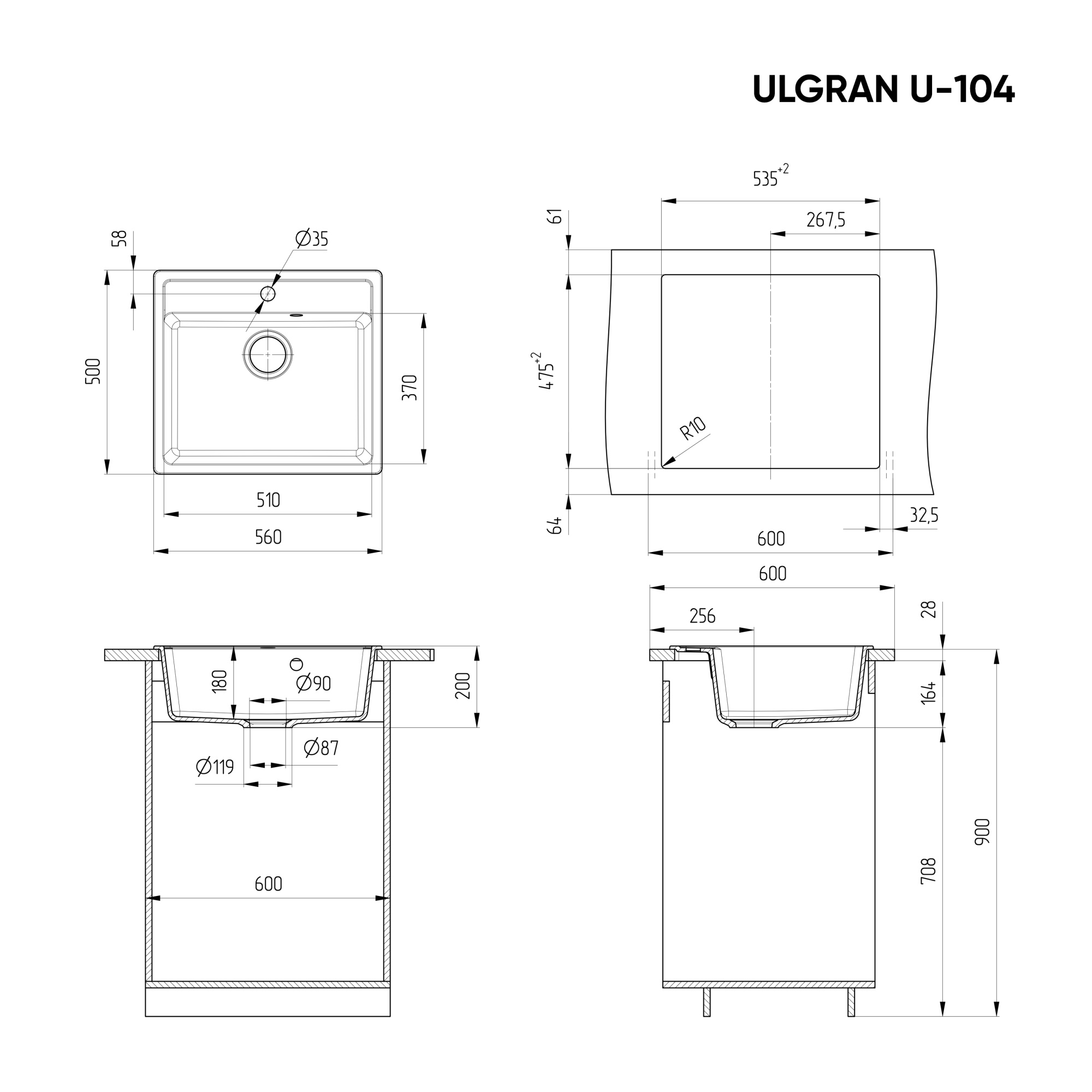 Кухонная мойка ULGRAN U-104 односекционная с отверстием под смеситель