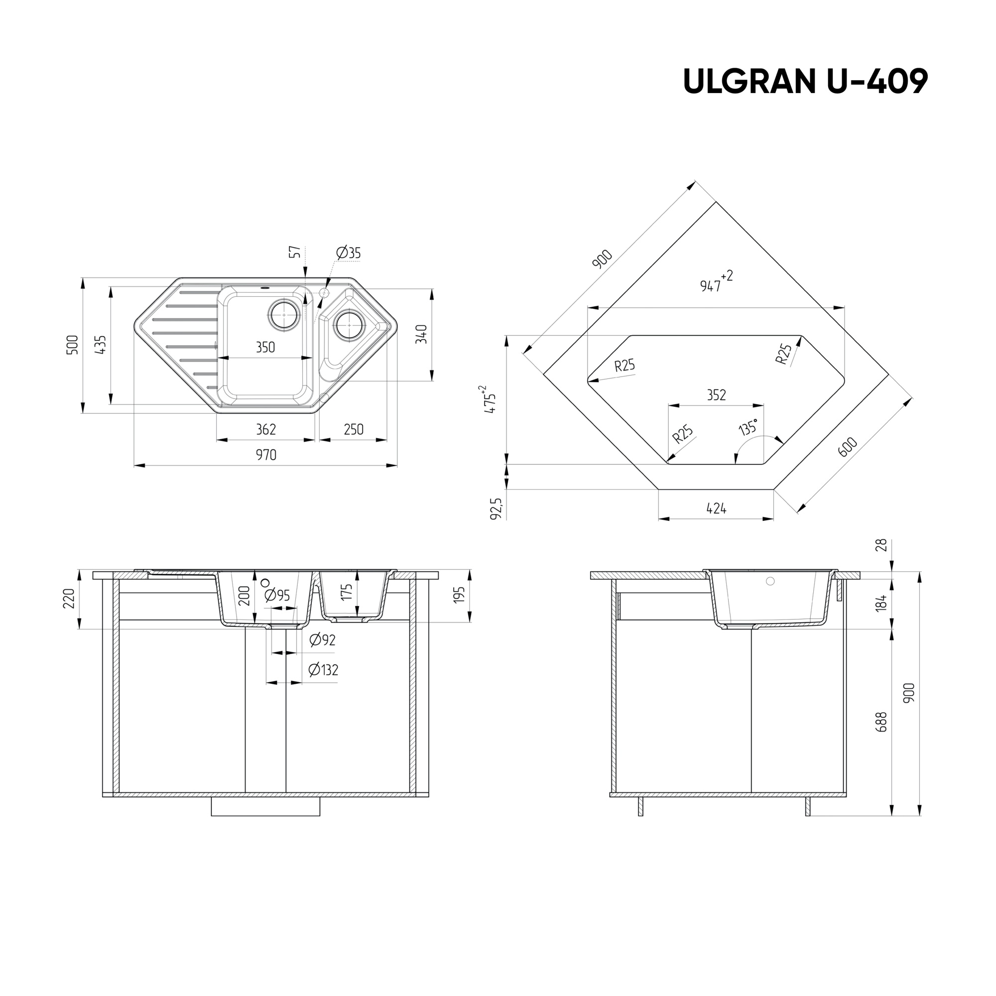 Кухонная мойка ULGRAN U-409 угловая двухсекционная с отверстием под смеситель